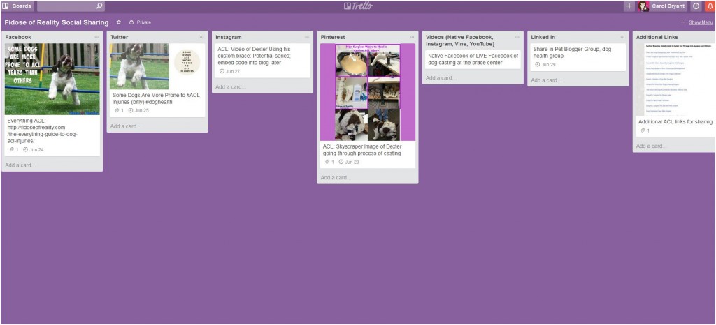 Social media planning for blog post in Trello