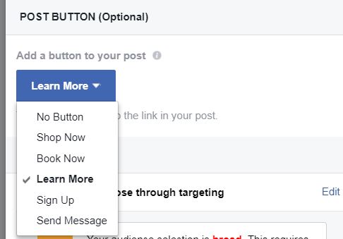 List of buttons for Facebook boost