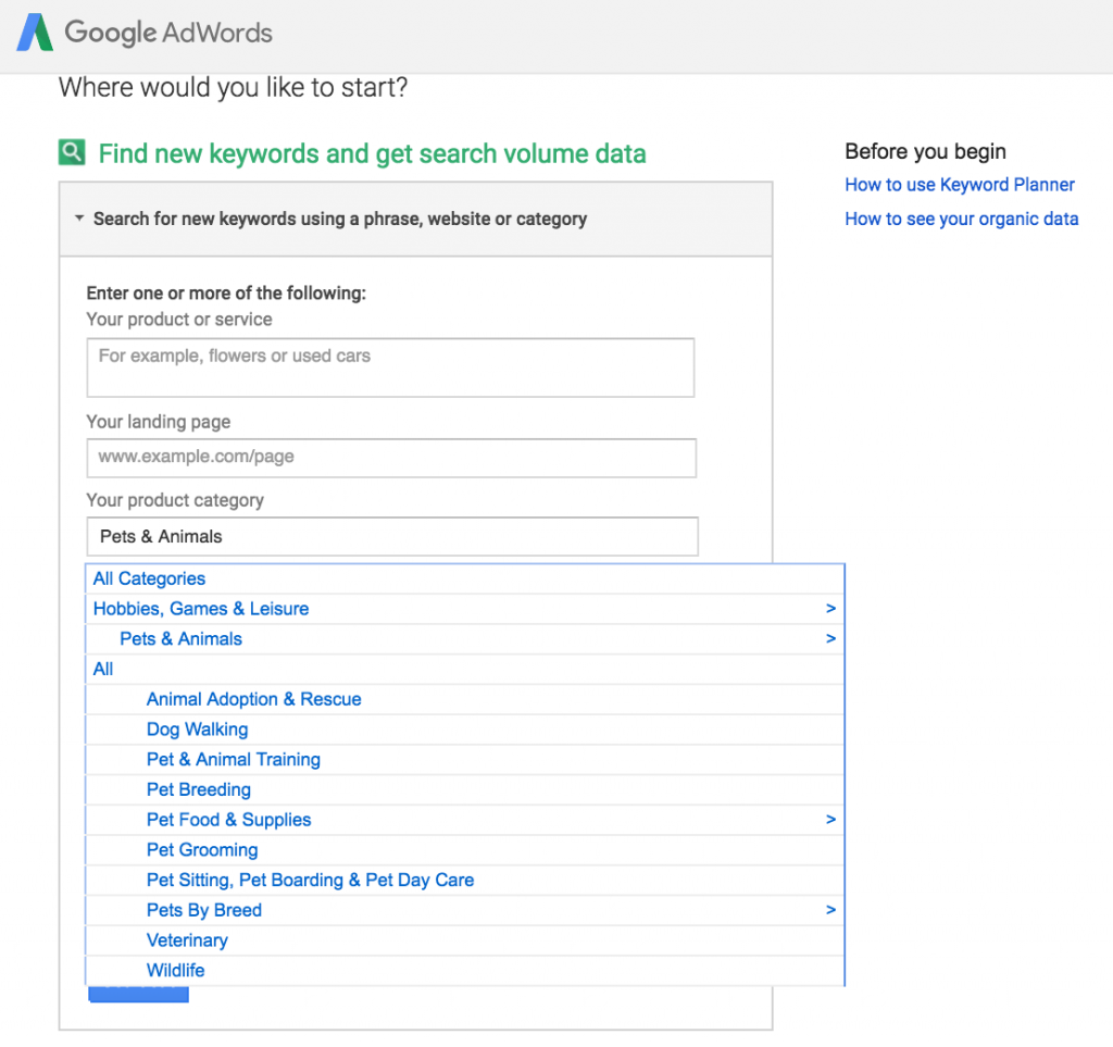 keyword planner category