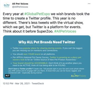 Tweet from AllPetVoices with Image about Why Pet Brands Should be on Twitter