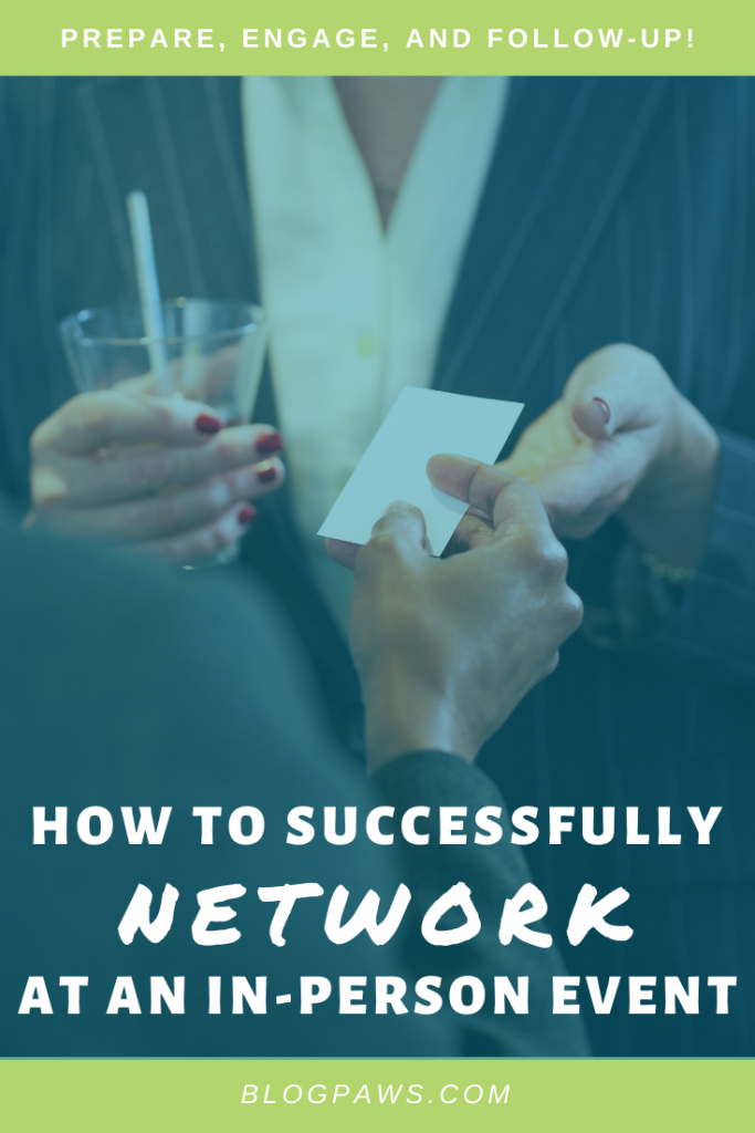 Women exchanging a business card with headline how to successfully network at an in-person event