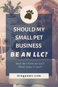 Woman looking at computer with pug on her lap and overlay title Should My Small Pet Business Be an LLC?