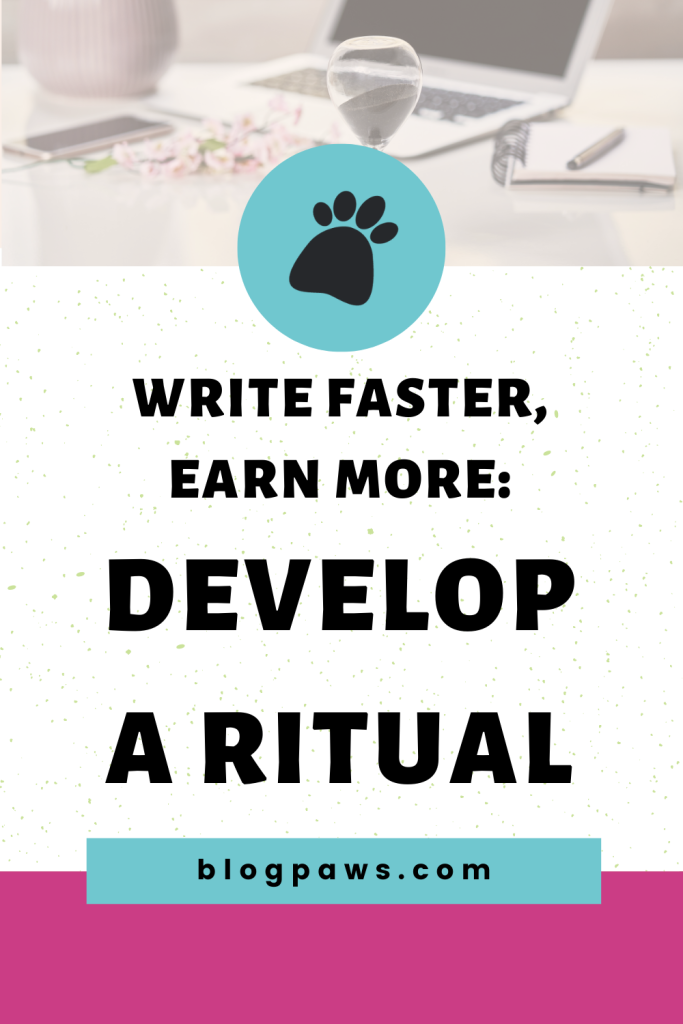laptop and hourglass on a desk pin | Write Faster, Earn More: Develop a Ritual
