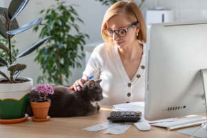 woman sitting in front of computer petting cat | 38 Email Marketing Terms Every Pet Business Owner Should Know
