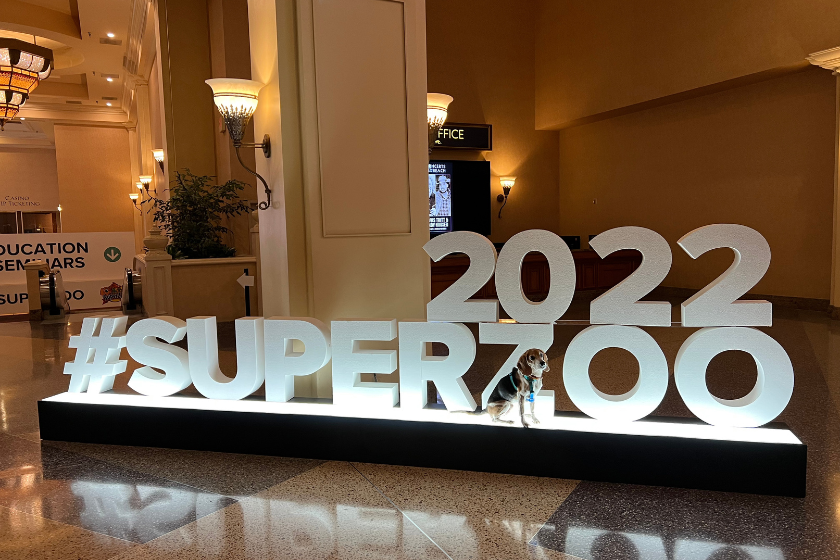 SuperZoo 2022 tabelasının önünde oturan Beagle Elvis |  SuperZoo 2022 için “BlogPaws En İyi” Ödülünü Kazananlar Açıklanıyor