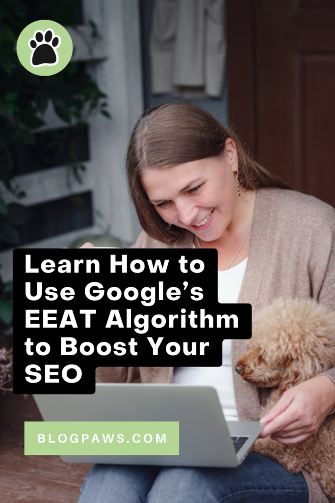 woman drinking coffee and working on a laptop with a dog climbing into her lap pin | Demystifying Google E-E-A-T for SEO: Your Guide to Expertise, Experience, Authoritativeness, and Trustworthiness
