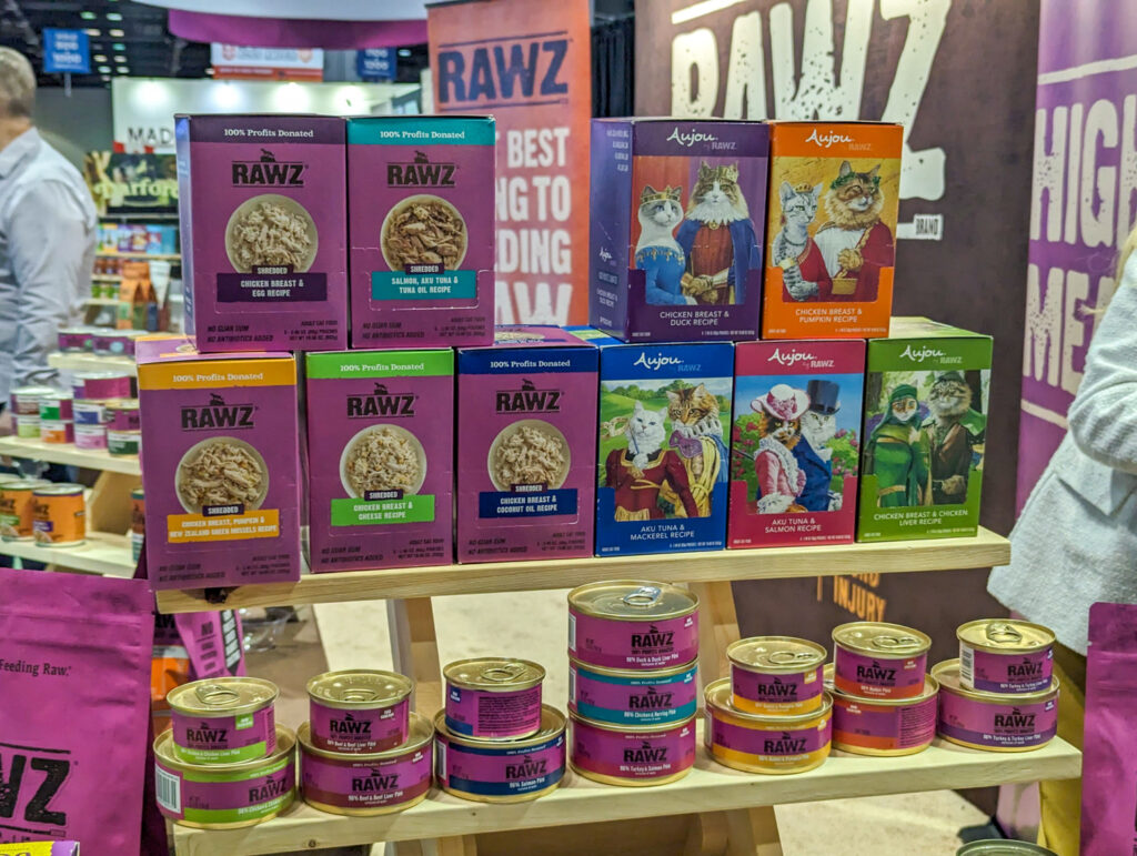 Display of cat food in boxes and cans from Rawz Natural Pet Food