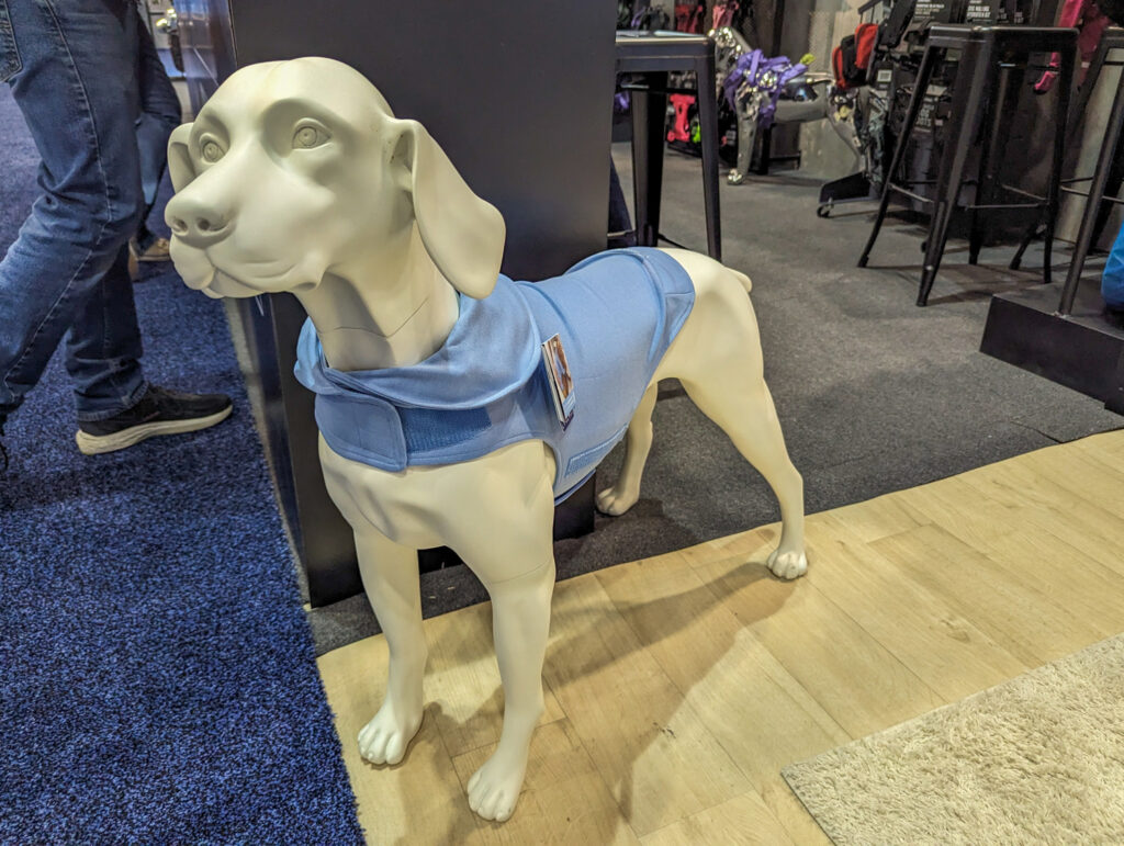 Blue Weighted Calming Vest from Canada Pooch on white dog mannequin