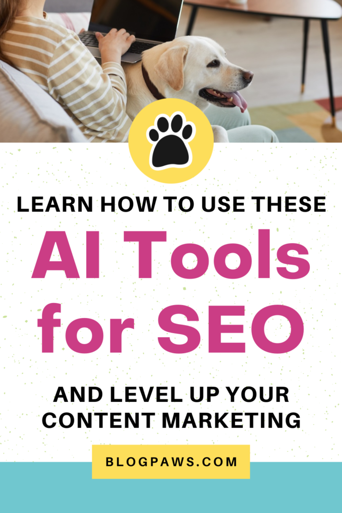 woman working on a laptop and cuddling a golden lab pin | Level Up Your Content Marketing with AI for SEO