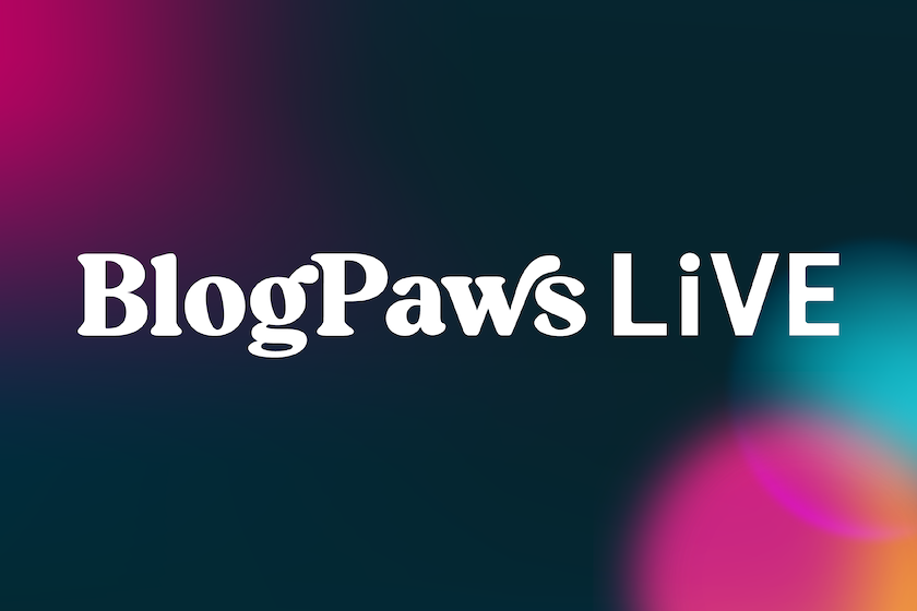 BlogPaws LiVE Logo on a blue and pink background