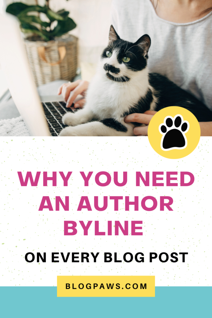 woman using laptop while cat lies on it pin | Why You Need An Author Byline on Every Blog Post