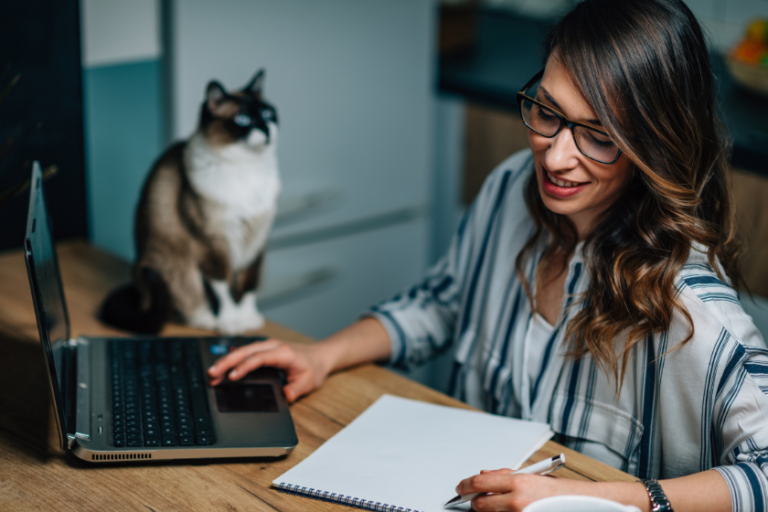 woman working on a laptop with a cat next to her | Understanding the Importance of Link Building for SEO