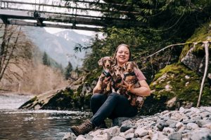 Jessica Williams with her three dachshunds