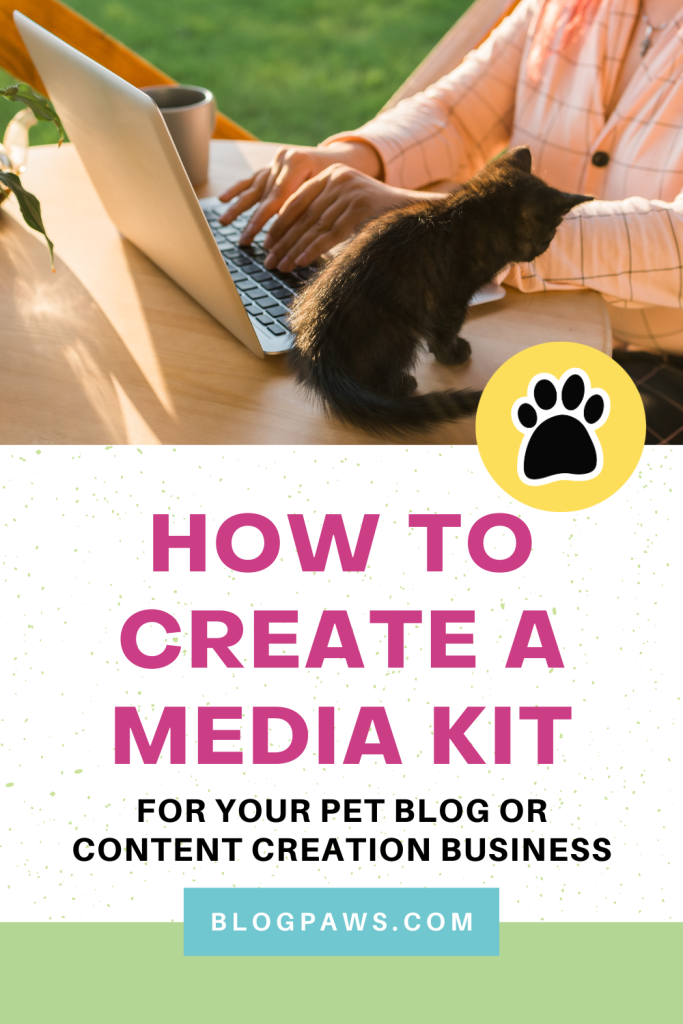 pin featuring a woman working on a laptop outside with a kitten beside her | How to Make a Blogger Media Kit