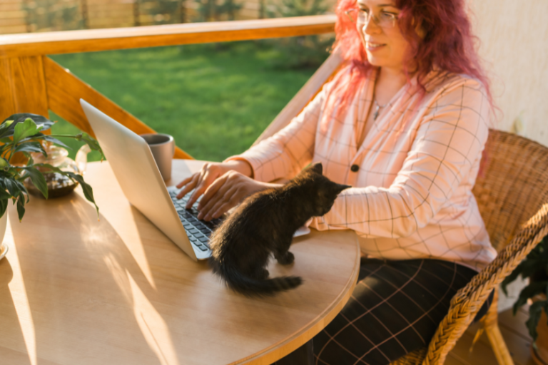 woman working on a laptop outside with a kitten beside her | How to Make a Blogger Media Kit